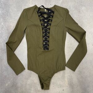 Nude Olive Green Lace Up Long Sleeve Bodysuit Size M